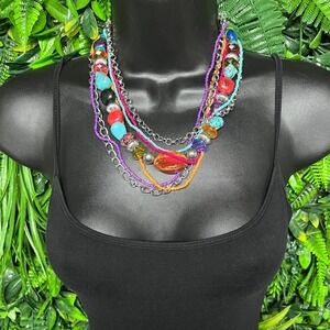 Boho Beaded Multicolor Necklace Layered Faux Turquoise Silver Tone 3801